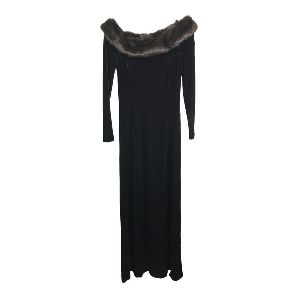 Cachet Dress Women 8 Vintage 80s Maxi Black Faux Fur Stretch Velvet  Long Sleeve